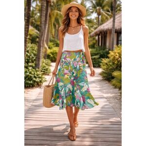 Vintage Tropical Linen Midi Skirt Womens 10 Lagenlook Artsy Leaf Print Resort